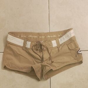 Abercrombie & Fitch Tan Low-Rise Drawstring Bike Shorts with White Waistband